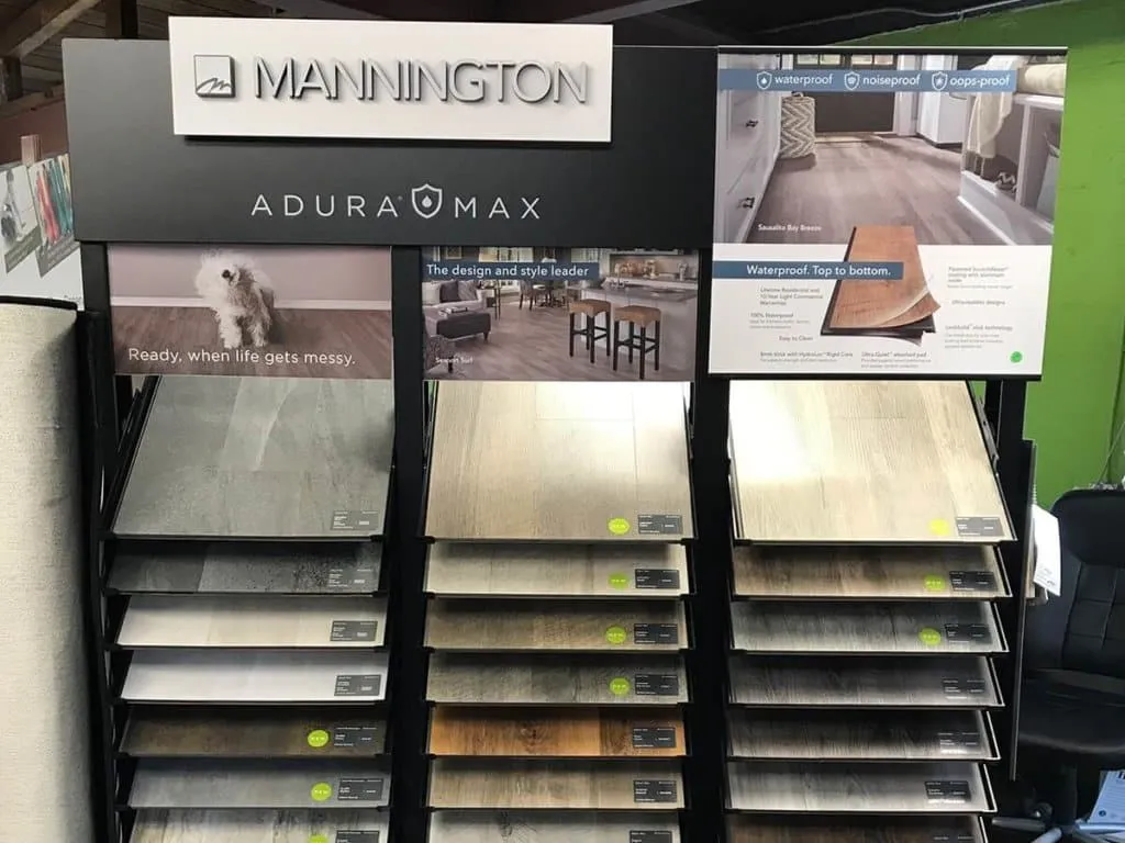 Rows of carpet and flooring samples inside the DRL Carpet & Flooring showroom